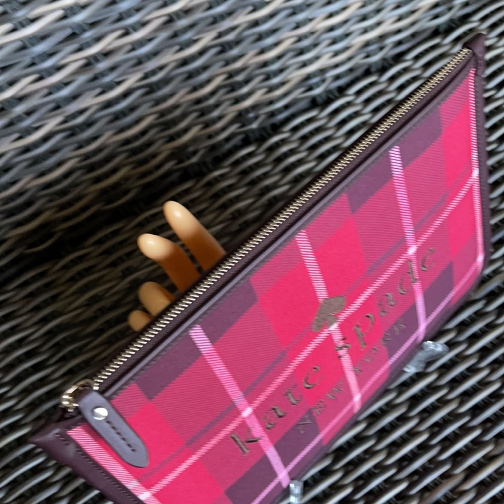 Kate Spade Ella Plaid Bright Rose Large Zip Pouch Clutch - Picture 13 of 16